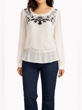 Olsenboye Sheer Embroidered Peplum Blouse Ivory Black Boho Medium